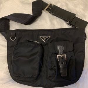 Authentic Black Nylon Prada Belt/Shoulder Bag with Leather Strap